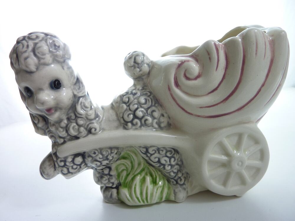 Vintage Ceramic Poodle Shell Cart Planter White Kitsch Dog Figurine Pot 6.5 Inch